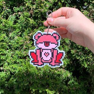 Pink Frog Perler Bead Art Keychain
